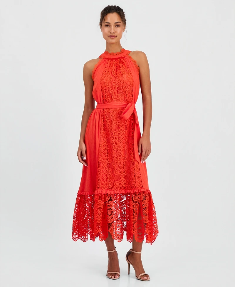 T Tahari Women's Sleeveless Halter Lace Maxi Dress