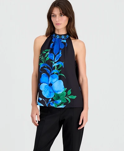 T Tahari Women's Placed-Print Sleeveless Halter Top