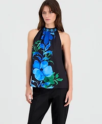 T Tahari Women's Placed-Print Sleeveless Halter Top