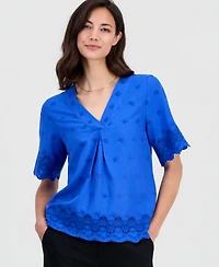 T Tahari Women's Embroidered Eyelet-Hem Top