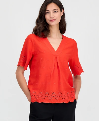 T Tahari Women's Embroidered Eyelet-Hem Top