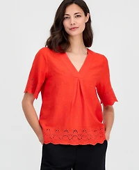 T Tahari Women's Embroidered Eyelet-Hem Top