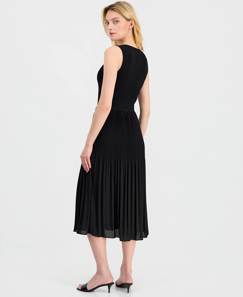 T Tahari Women's Sleeveless Scoop-Neck Mixed Media Dress