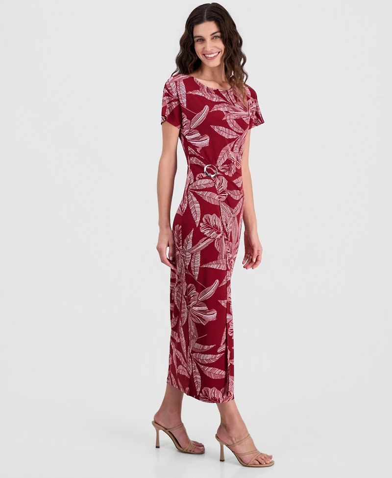 Robbie Bee Women's Printed Round-Neck Faux-Wrap Dress