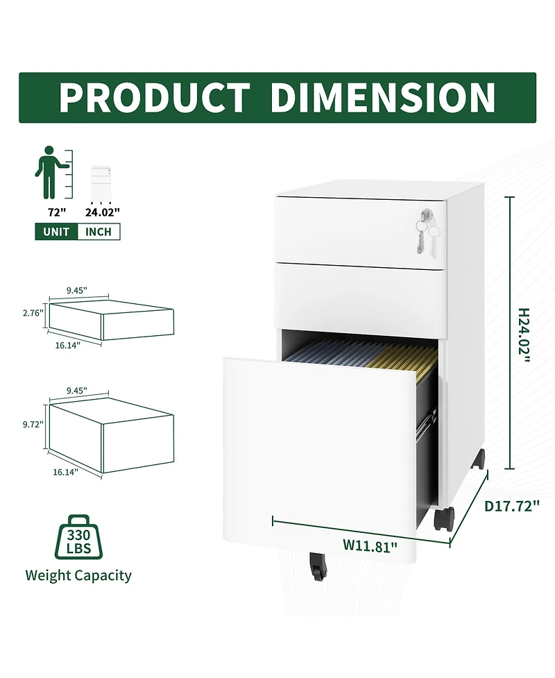 Rainsken 3-Drawer Metal File Cabinet with Lock on Wheels, Rolling Filing Cabinets for Home Office Organizer, Fit Legal/Letter/A4 Size