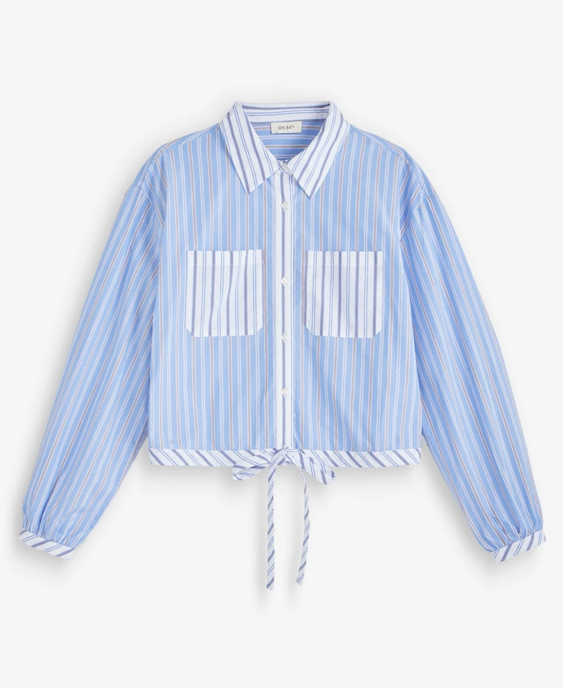 On 34th Women's Stripe Tie-Hem Long Sleeve Cropped Shirt, Macy's Exclusive