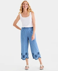 Style & Co Petite Chambray Scalloped Eyelet Hem Wide-Leg Capri Pants