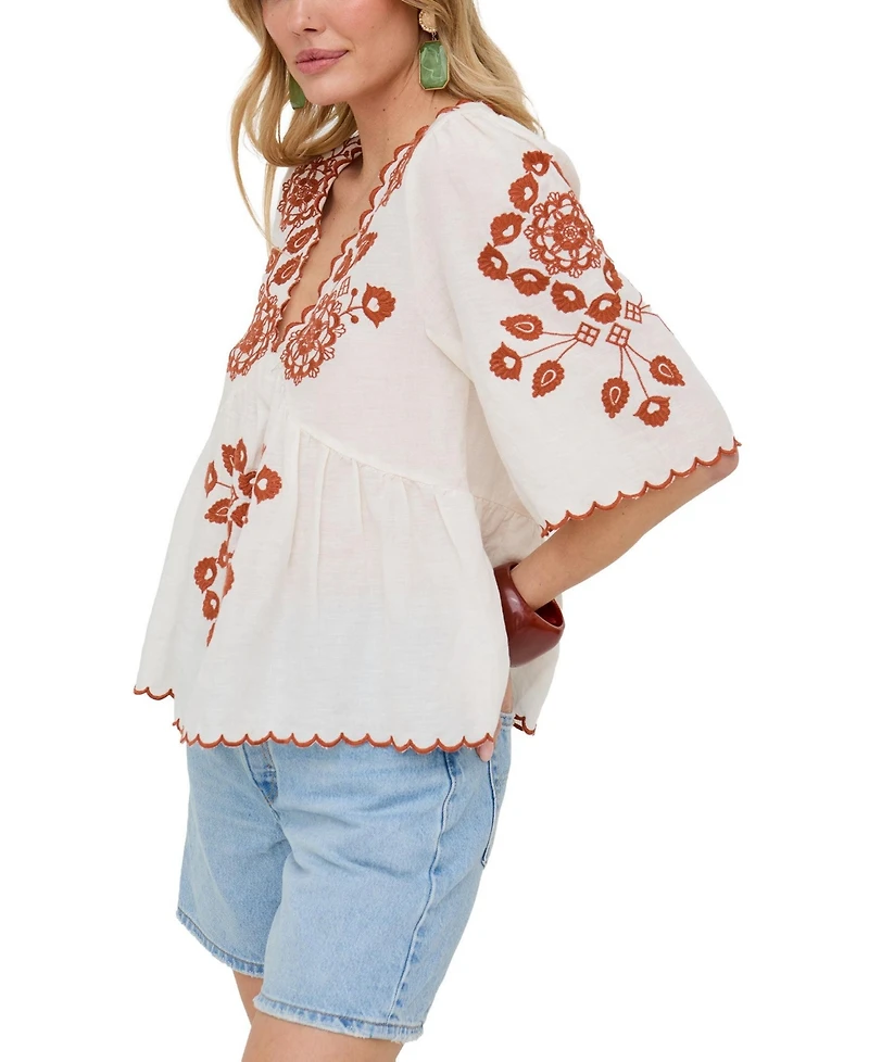 Raffya Women's Aubrey V-Neck Embroidered Blouse