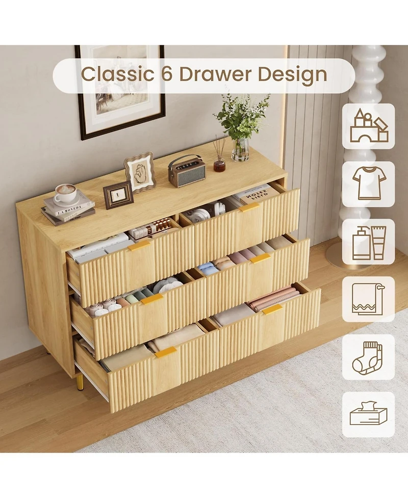 gaomon Fluted 6-Drawer Dresser, 39.4" Wide Modern Wooden Chest with Metal Handles, Large Storage Organizer for Bedroom, Living Room, Hallway