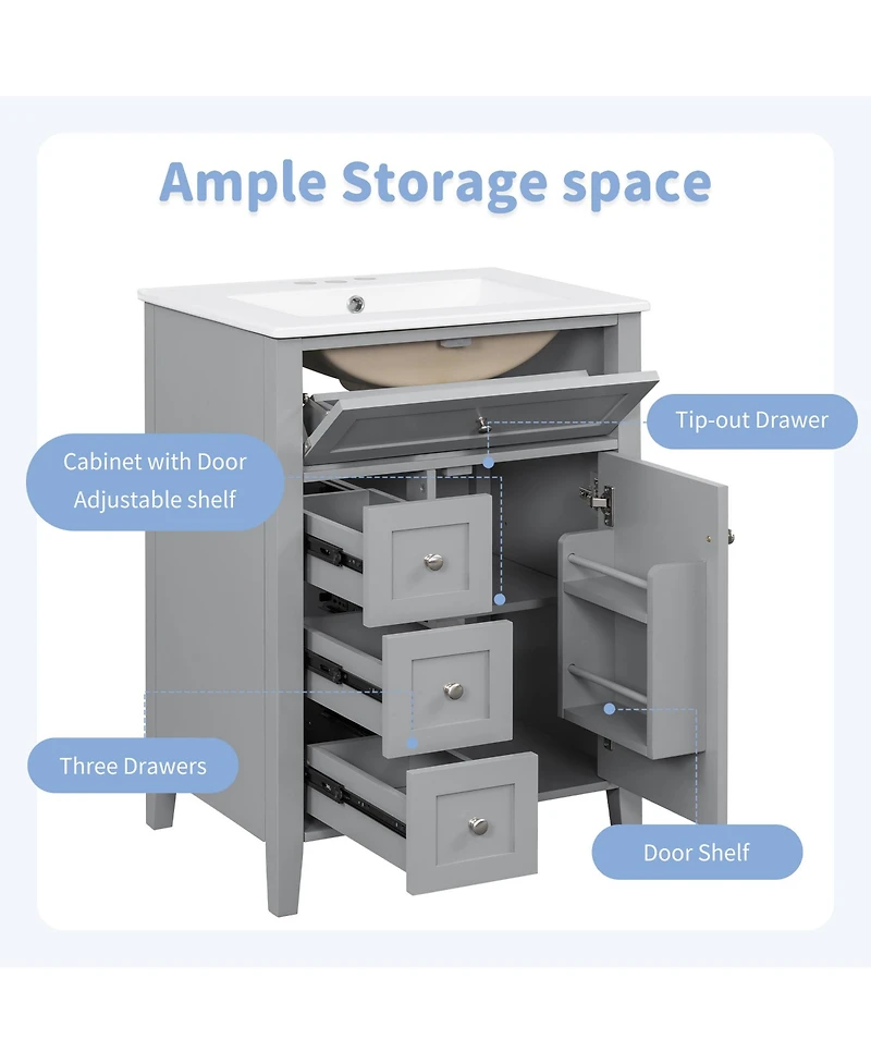 Casainc Modern Bathroom Vanity with Sink 3 Drawers Adjustable Shelf Cabinet