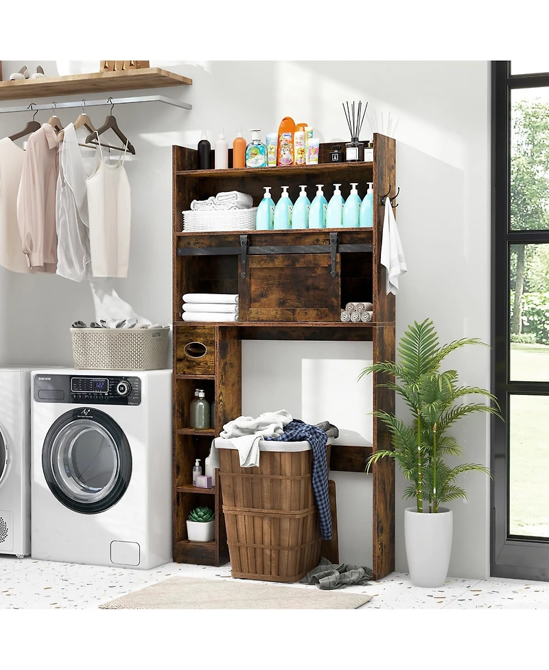 Gymax Over The Toilet Storage Cabinet w/ Sliding Barn Door Adjustable Shelves 2 Hooks