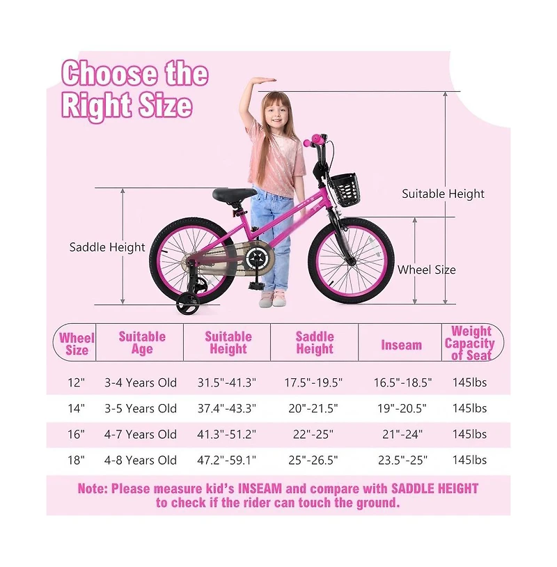 18 Inch Kids Training Bike with Adjustable Height Dual Brakes Basket and Training Wheels