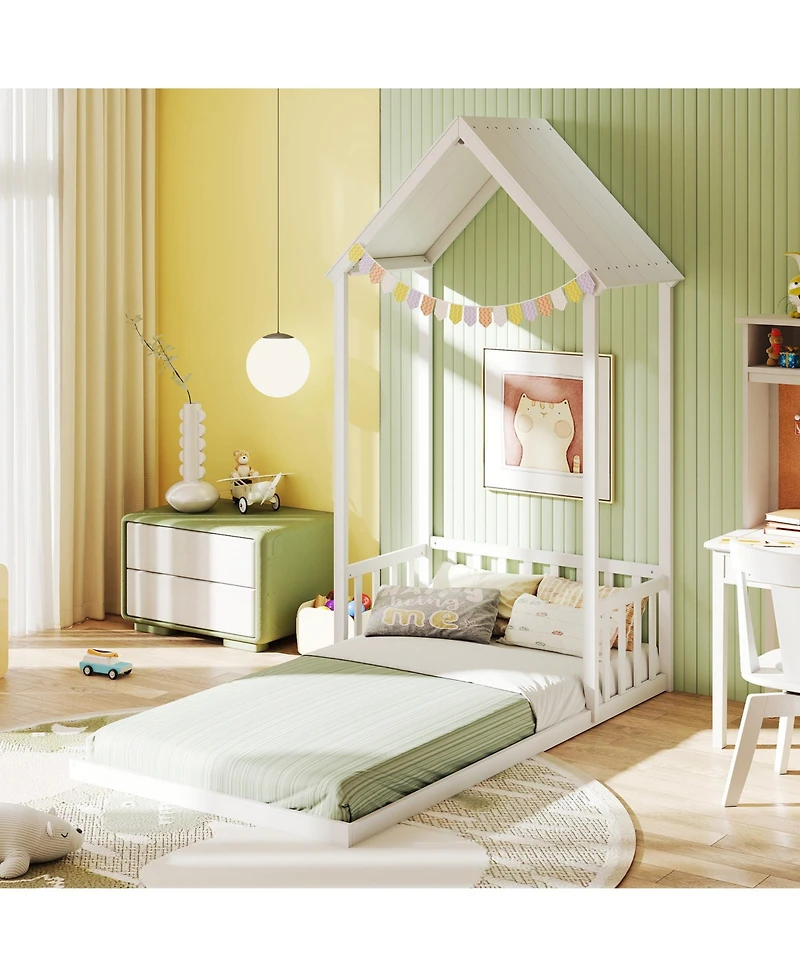 Sugift Twin Size House Bed with House Shape Roof and Semi-Fence