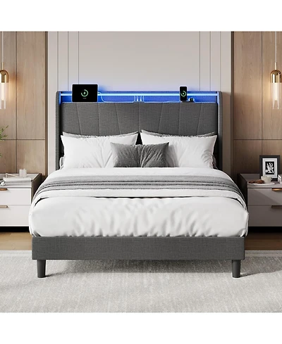 gaomon Bed Frame with Charging Station and Led Lights, Modern Platform Bed with Wooden Slats, Upholstered Headboard, No Box Spring Needed