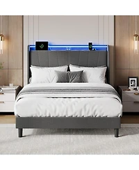 gaomon Bed Frame with Charging Station and Led Lights, Modern Platform Bed with Wooden Slats, Upholstered Headboard, No Box Spring Needed