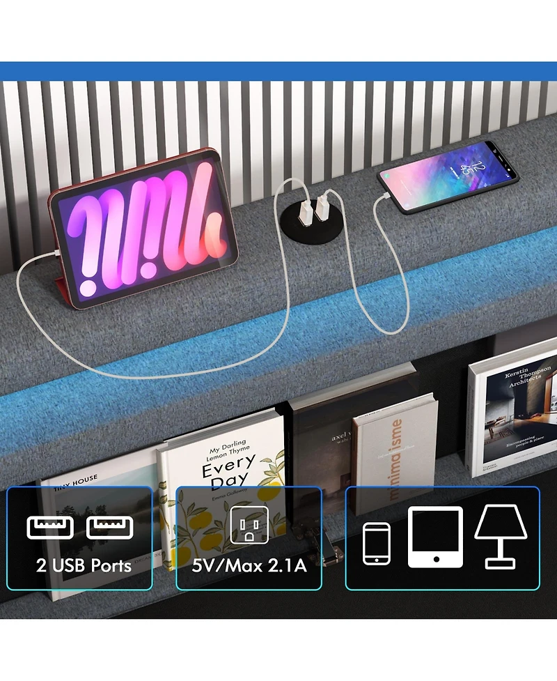 Sugift Queen Size Bed Frame with Adjustable Storage Headboard and Wooden Slat Support