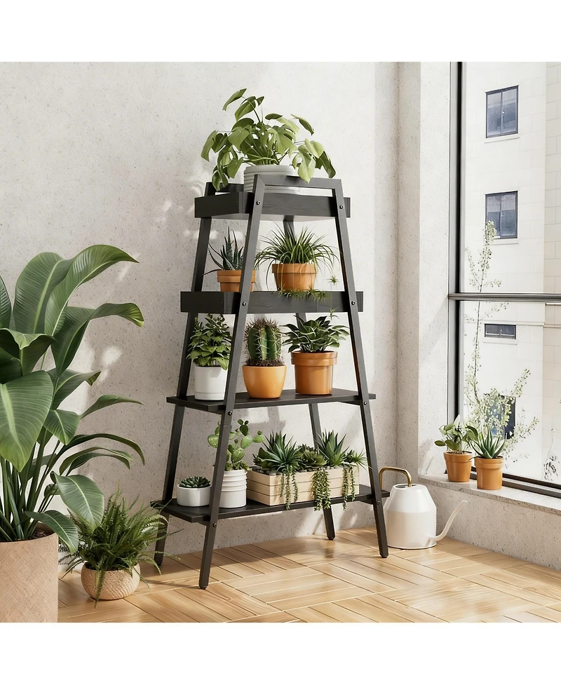 Yigii Ladder Shelf 4 Tier Wood Metal Frame Bookshelf Display Plant Stand Storage