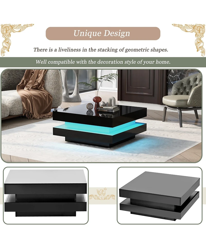 Rainsken 2-Tier Square Coffee Table, Modern High Gloss Led Center Table with Storage for Living Room and Home Office