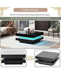 Rainsken 2-Tier Square Coffee Table, Modern High Gloss Led Center Table with Storage for Living Room and Home Office