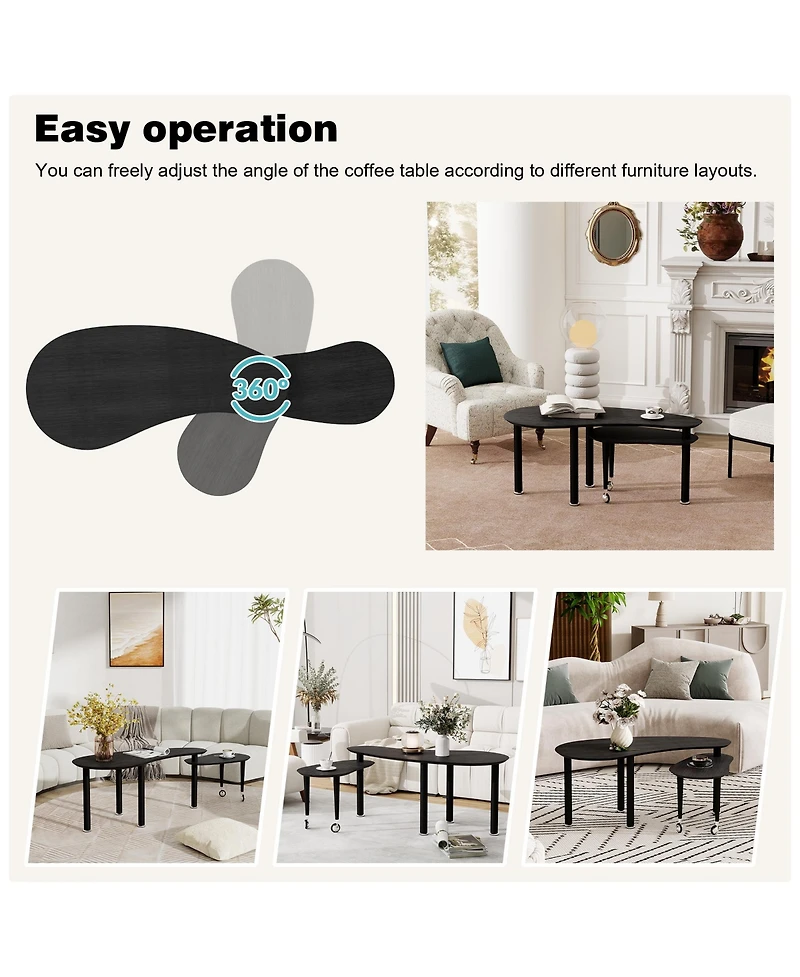 Rainsken Rotatable Coffee Table, Nesting Coffee Tables with Swivel Function, Modern Wood Oval Center Table for Living Room