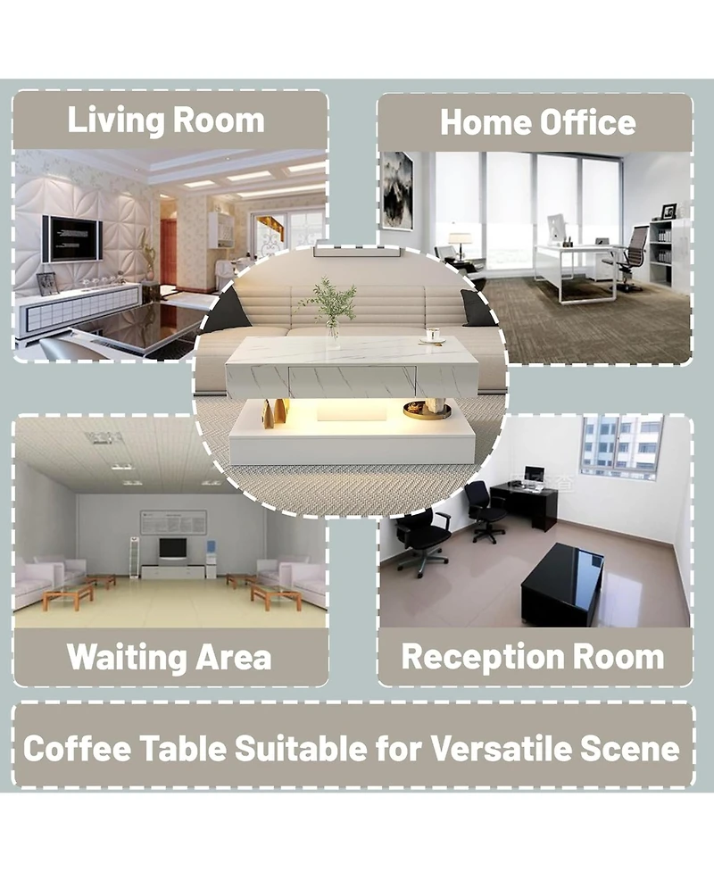 Rainsken Led Coffee Table, Modern Living Room Table, 2-Tier Center Table with Storage Drawer for Home Office, Waiting Area, Reception Room