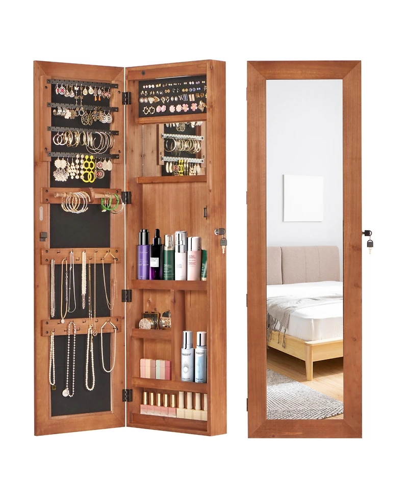 flynama Solid Wood Jewelry Armoire Organizer Cabinet with Full-Length Mirror Wall-Mounted Lockable with Led Light 47.5x14.3 in