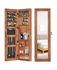 flynama Solid Wood Jewelry Armoire Organizer Cabinet with Full-Length Mirror Wall-Mounted Lockable with Led Light 47.5x14.3 in