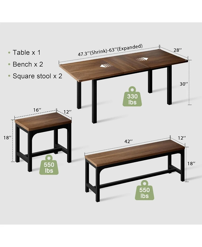 gaomon 5-Piece Extendable Dining Table Set for 4-8 People,63 Inch Kitchen Table with 2 Benches & 2