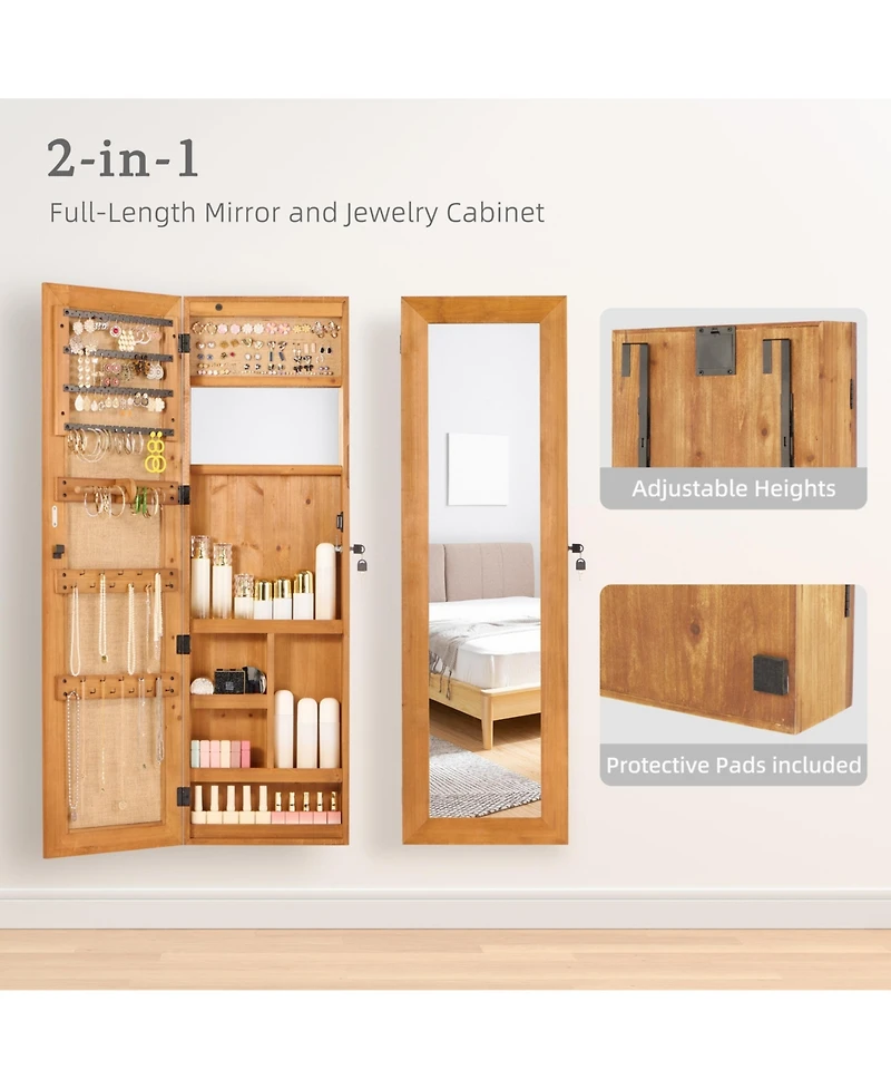 flynama Solid Wood Jewelry Armoire Organizer Cabinet with Full Length Mirror Wall Mounted Lockable with Led Light
