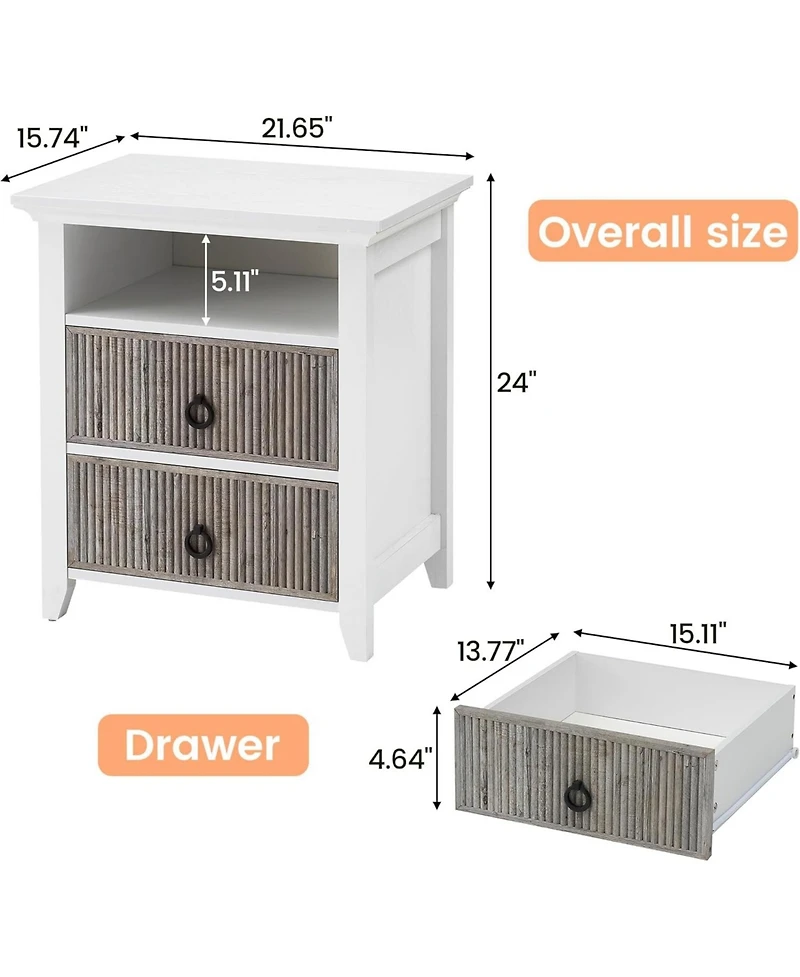 gaomon Nightstand Set of 2 Nightstand with 2 Drawers and Open Shelf Ripple Pattern Bedside Table with Fluted Design End Side Table for Bedroom