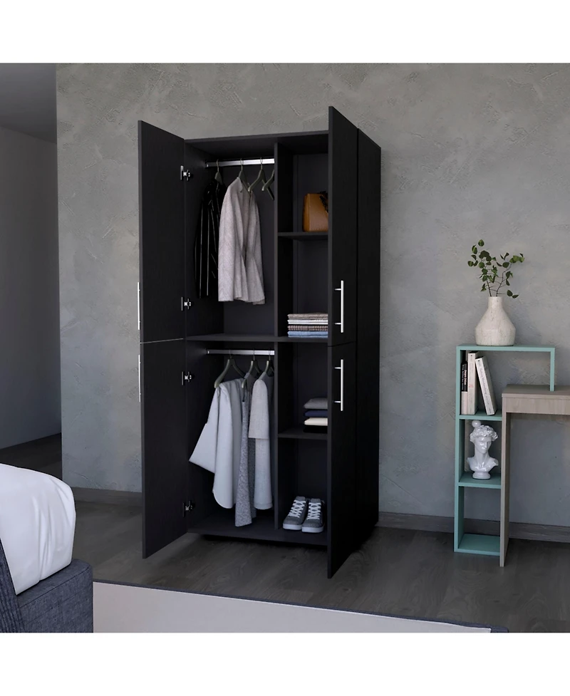 flynama Hazel Armoire Melamine with Two Doors Four Shelves and Two Clothes Hanging Bars Bedroom Storage Organizer
