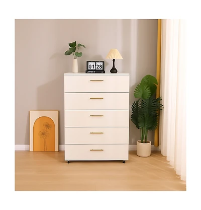 flynama Modern 5 Drawer Dresser Solid Wood Cabinet with Metal Handles for Bedroom Home Office Hallway