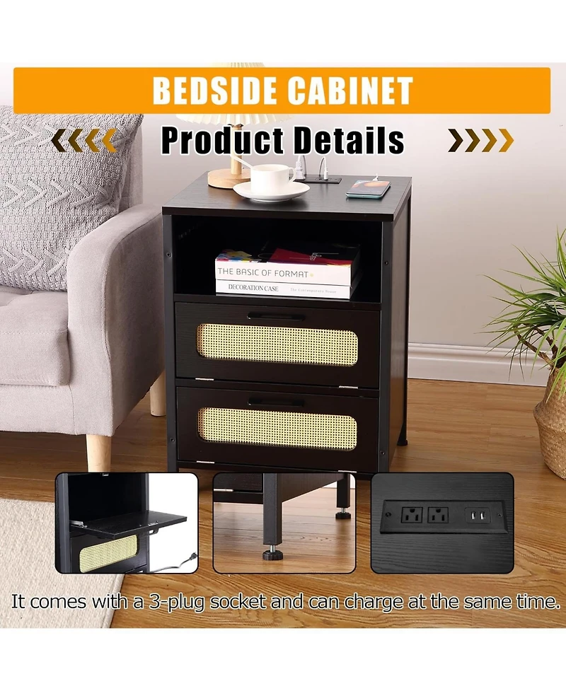 gaomon Nightstand with Led Lighting Charging End Table with 2 Usb Ports and 2 Outlets Bedroom Night Stand with 2 Rattan Decorated Drawers , Open Shelf