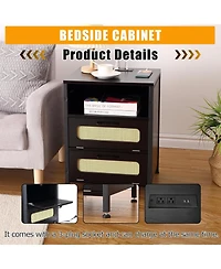 gaomon Nightstand with Led Lighting Charging End Table with 2 Usb Ports and 2 Outlets Bedroom Night Stand with 2 Rattan Decorated Drawers , Open Shelf
