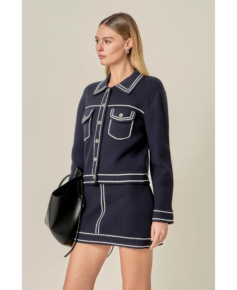 English Factory Women's Denim-Look Knit Cardigan