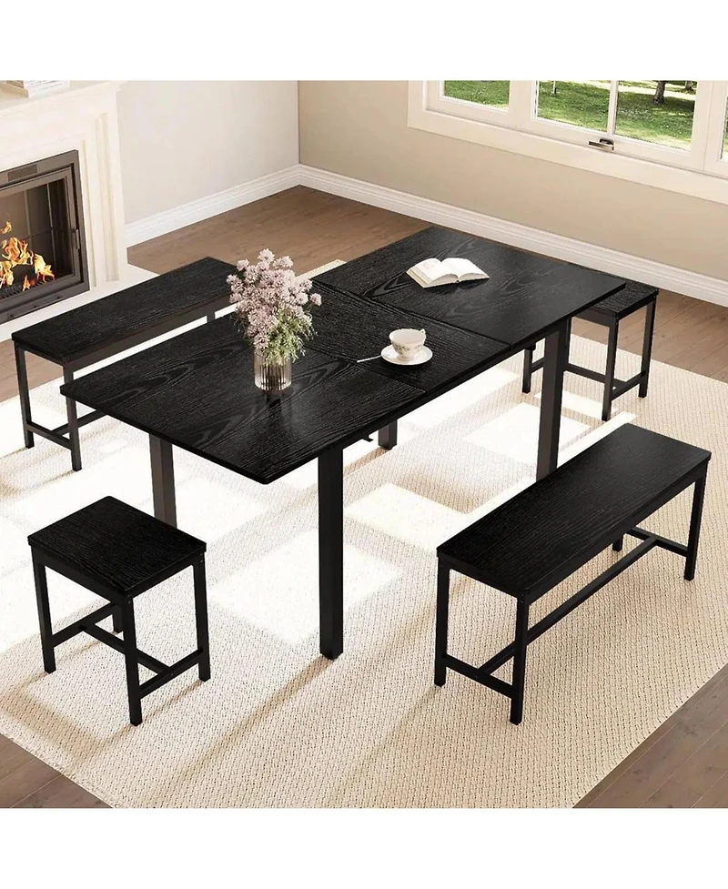 gaomon 5-Piece 63" Modern Extendable Dining Table Set with 2 Benches and 2 Square Stools
