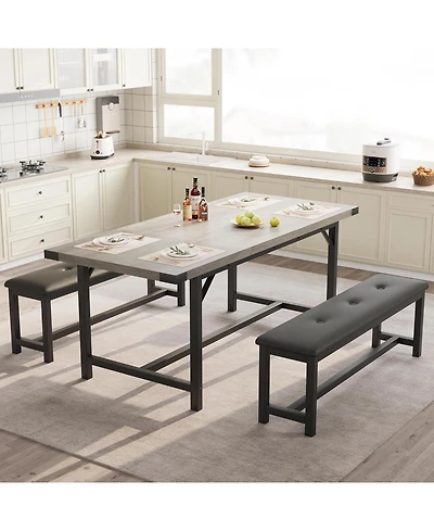 gaomon 3-Piece 63" Extendable Rectangular Dining Table Set with Metal Frame and 2 Benches