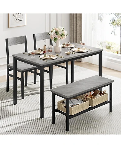 gaomon 4-Piece Modern Metal Frame Dining Table Set with Storage Rack, Chairs and Bench