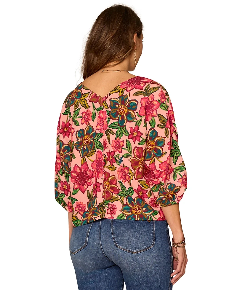 Democracy Petite Floral Kimono-Sleeve V-Neck Woven Top