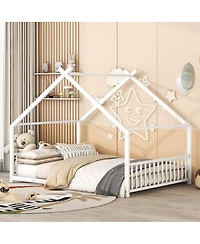 flynama White Metal House Bed with Roof Design Semi Enclosed Space and Integrated Slat Support