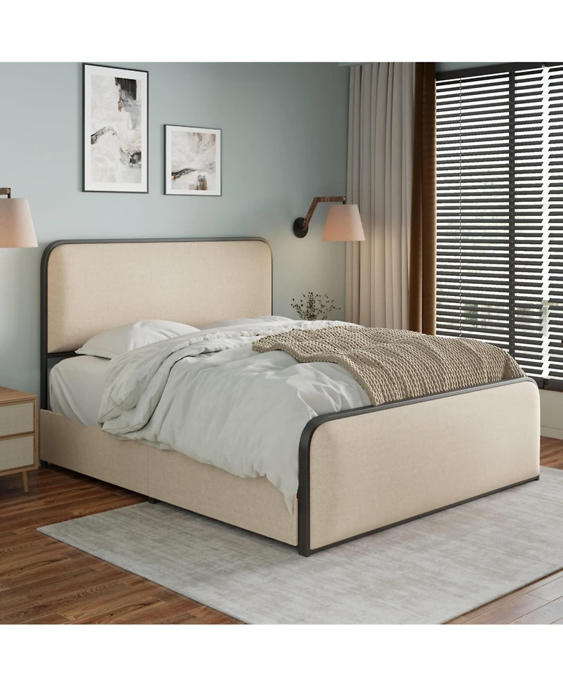 flynama Metal Bed Frame Beige Curved Upholstered Headboard 4 Storage Drawers