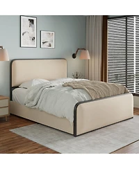 flynama Metal Bed Frame Beige Curved Upholstered Headboard 4 Storage Drawers