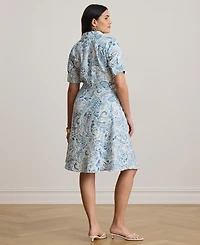 Lauren Ralph Plus Paisley Tie-Front Linen Shirtdress