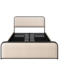 flynama Metal Bed Frame Beige Curved Upholstered Headboard 4 Storage Drawers