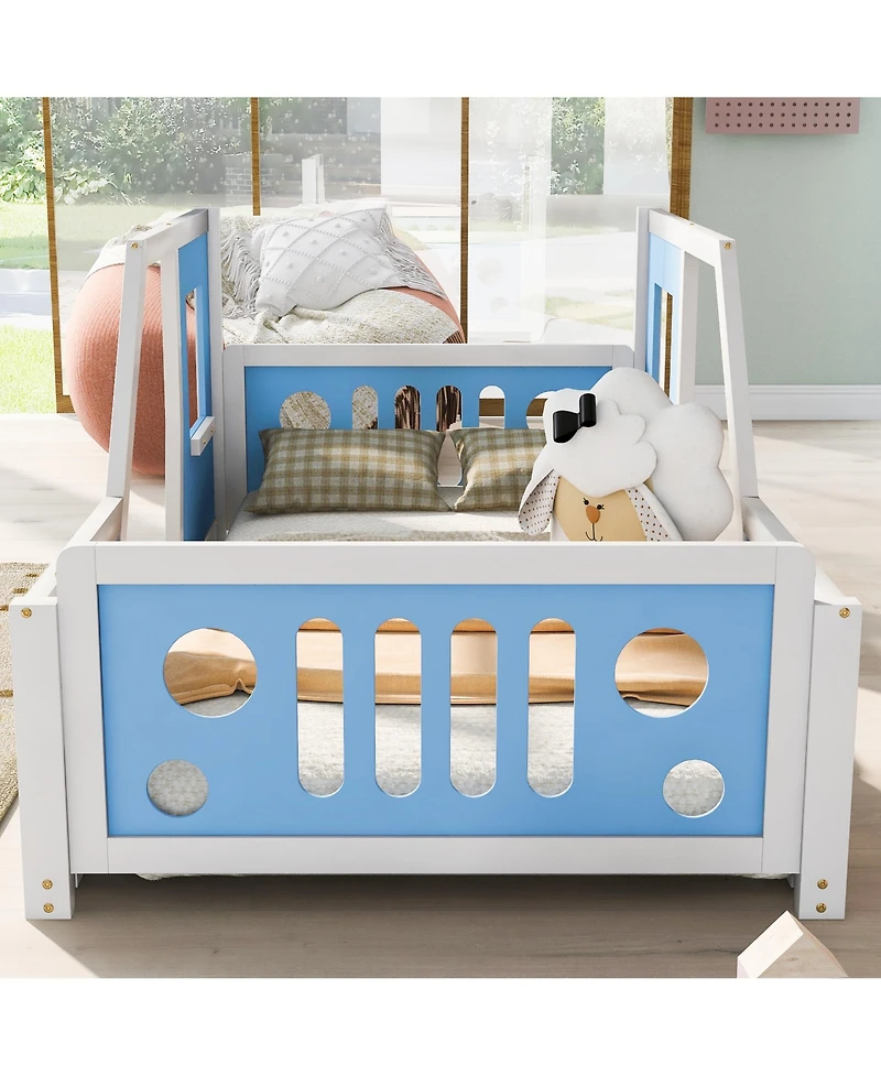 flynama Classic Car Shaped Platform Bed Wheels Pine Wood Mdf Frame