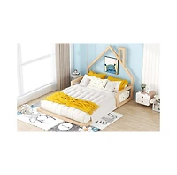 flynama Wood Floor Bed House Shaped Headboard Chimney Pine Wood Mdf