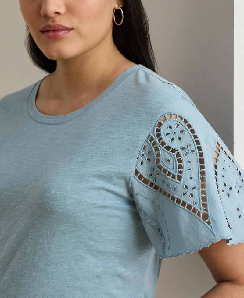 Lauren Ralph Plus Eyelet Jersey & Broadcloth Top