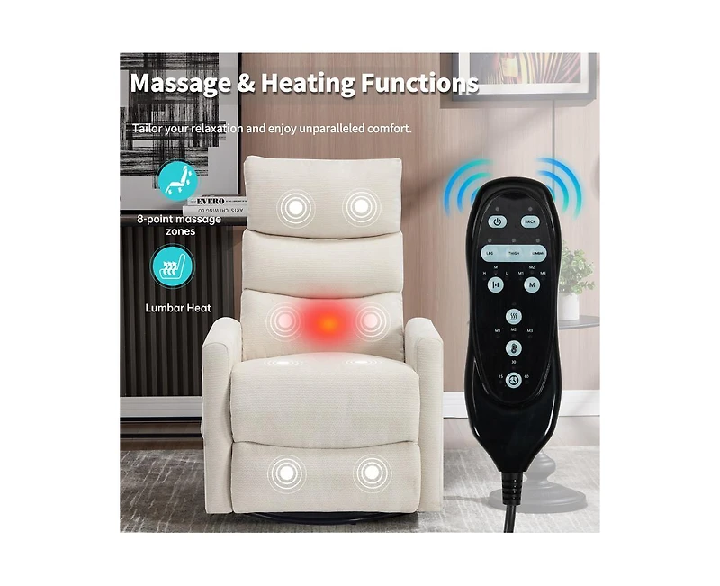 sumyeg Chenille Recliner Chair with Heat, Massage, Rocker & Swivel Features