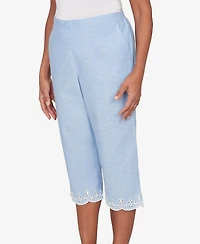 Alfred Dunner Women's Caribbean Blues Eyelet Embroidered Cuff Capri Pants