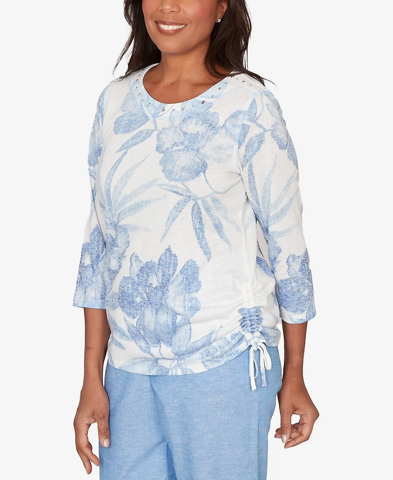 Alfred Dunner Petite Caribbean Blues Monotone Dramatic Floral Tropical Top